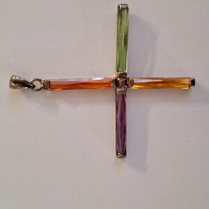 Sterling Silver And Colorful Glass Cross  Pendant